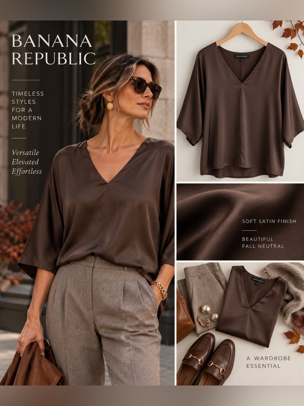 Banana Republic Brown Satin V Neck Dolman Sleeve Blouse Top Size L